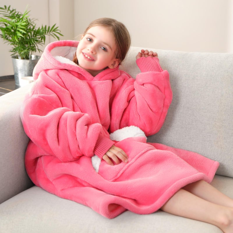 Touchat Wearable Blanket Hoodie, Oversized Sherpa Blanket Sweatshirt with Hood Pocket and Sleeves, Super Soft Warm Plush Hooded Blanket for Kids and Girls, One Size Fits All (Pink) - Image 4